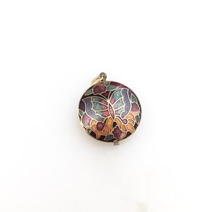 Vintage Cloisonné Gold Tone Enamel Butterfly Floral Puffy Double Sided Pendant Necklace
