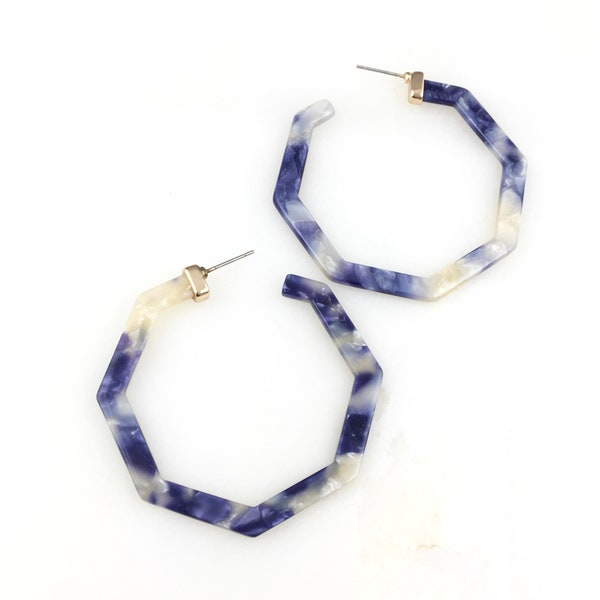 Vintage Blue Lucite Geometric Hoop Earrings