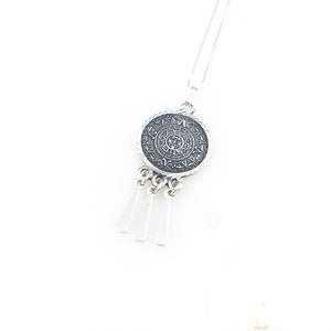 Vintage 925 Sterling Silver Mexico Aztec Calendar Modernist Fringe Pendant Necklace