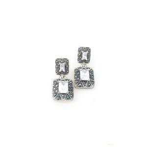 Vintage 925 Sterling Silver Deco Marcasite CZ Diamond Dangle Earrings