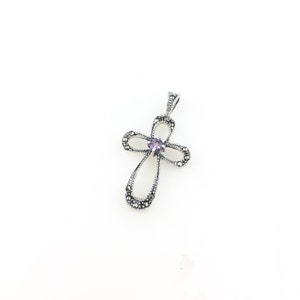 Vintage 925 Sterling Silver Purple Amethyst Marcasite Cross Religious Pendant Necklace
