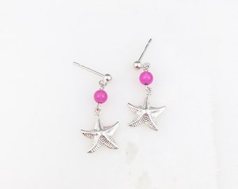 Vintage 925 Sterling Silver Pink Minimal Starfish Beach Tropical Dangle Earrings