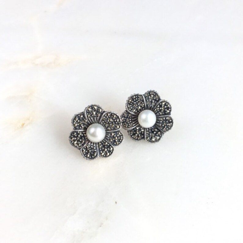 Vintage Sterling Silver Marcasite Pearl Flower Stud Earrings