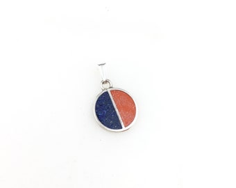 Vintage 925 Sterling Silver Blue Lapis Lazuli Orange Gemstone Circle Charm Pendant Necklace