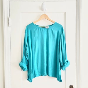 Vintage 90s Solid Blue Long Sleeve Flowy Minimal Blouse Shirt Womens Plus 2X