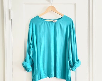 Vintage 90s Solid Blue Long Sleeve Flowy Minimal Blouse Shirt Womens Plus 2X