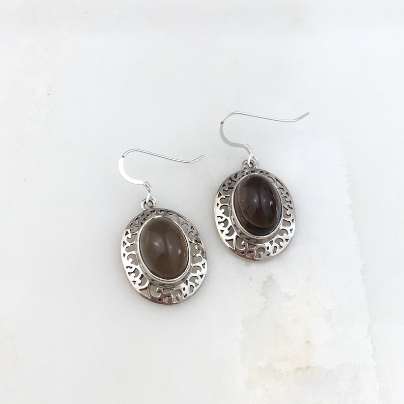 Vintage 925 Sterling Silver Brown Quartz Dangle Earrings