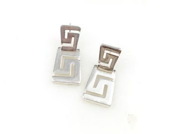 Vintage 925 Sterling Silver Filigree Greek Key Dangle Earrings