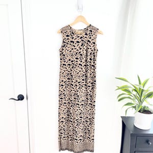 Vintage 90s Scrunchy Leopard Animal Print Tan Sleeveless Shift Maxi Dress Women’s Small