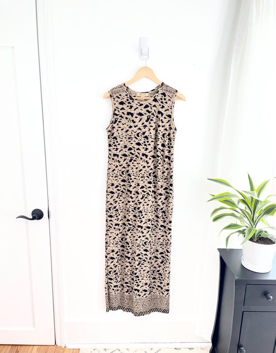 Vintage 90s Scrunchy Leopard Animal Print Tan Sleeveless Shift