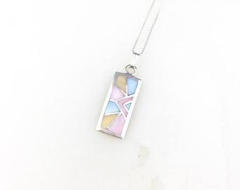 Vintage 925 Sterling Silver Blue Pink Yellow Mother of Pearl Mosaic Pendant Necklace