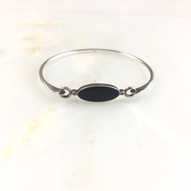Vintage Sterling Silver Modernist Onyx Latch Bracelet