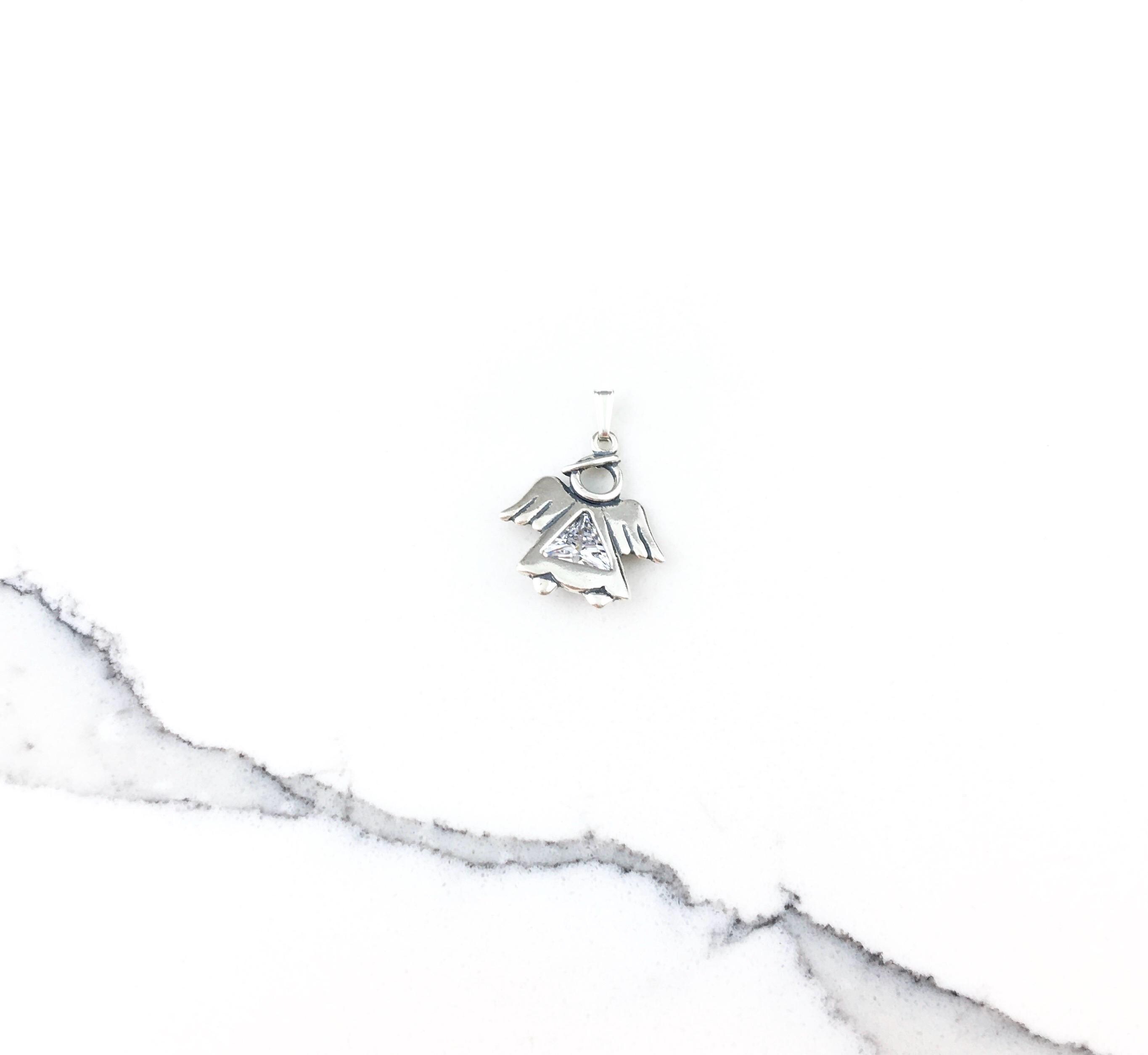 Vintage 925 Sterling Silver CZ Diamond Angel Religious Charm Pendant Necklace
