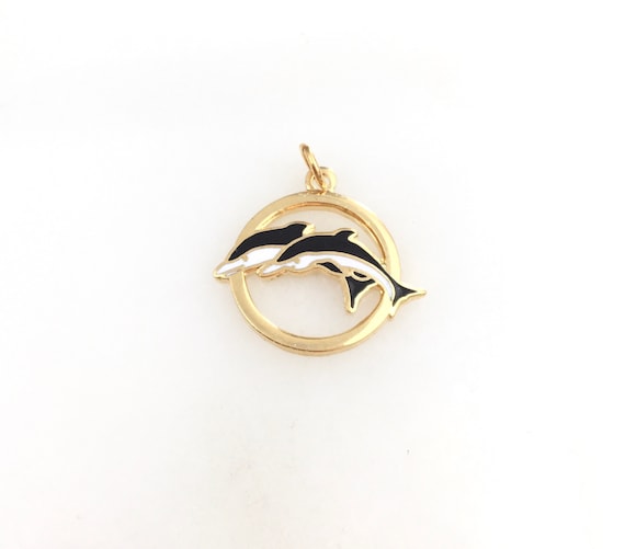 Vintage Cloisonné Gold Tone Enamel Dolphin Pendan… - image 1