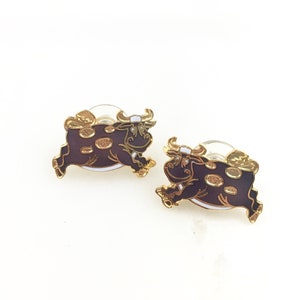 Vintage Cloisonne Chinese Enamel Cow Stud Earrings