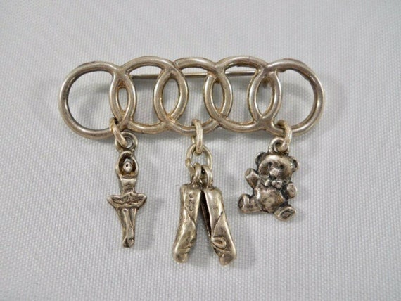 Dangle Charms Brooch 925 Sterling Silver Ballerina Shoes Bear Connected Circles