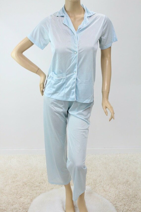 Vintage Sears Nylon Pajamas PJs 2 pc set Light Blu