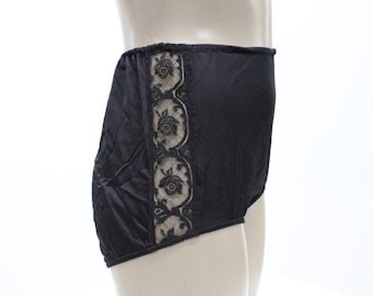 Vintage Nylon Granny Panties Lace Sides Soft Nylon Black Panty Brief M