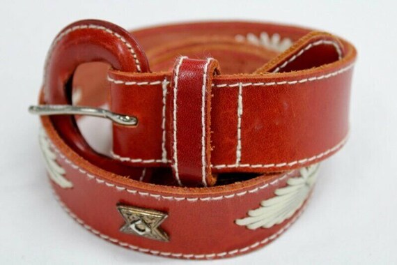 Liz Claiborne Leather Belt Red White Star Burst Retro South  display picture 1