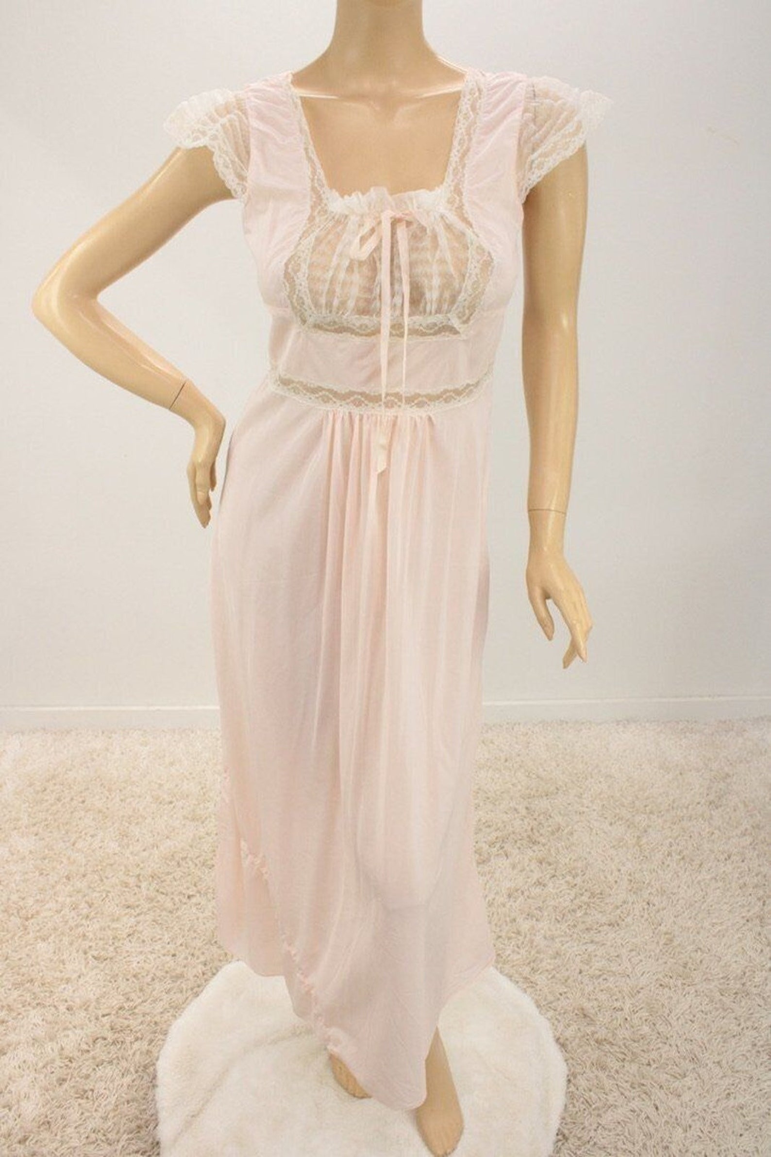 PEONY vintage Silk Nightgown Slip Dress, 1950s Embroidered Pink Lingerie dress, Large