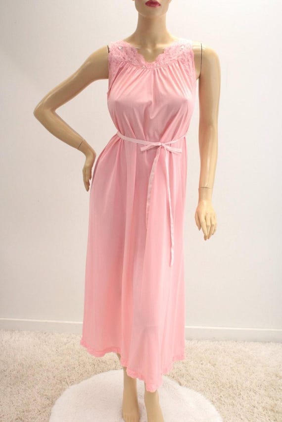 Vintage Long Nightgown Shadowline Small Pink Nylon Embroidered rosebuds Lace