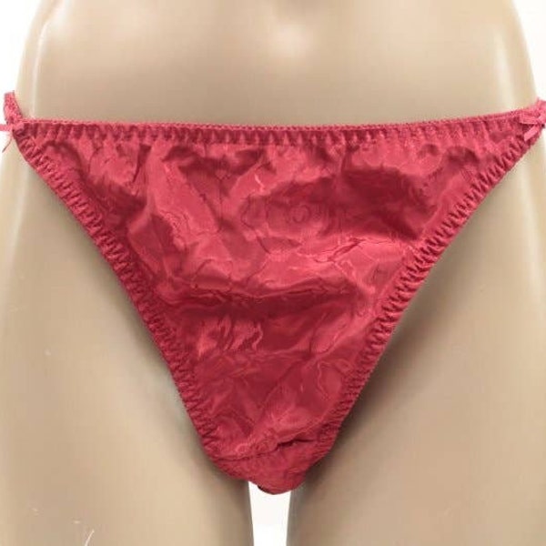 Vintage Embossed Satin String Bikini Thong Panties Red Polyester sz 7 Large