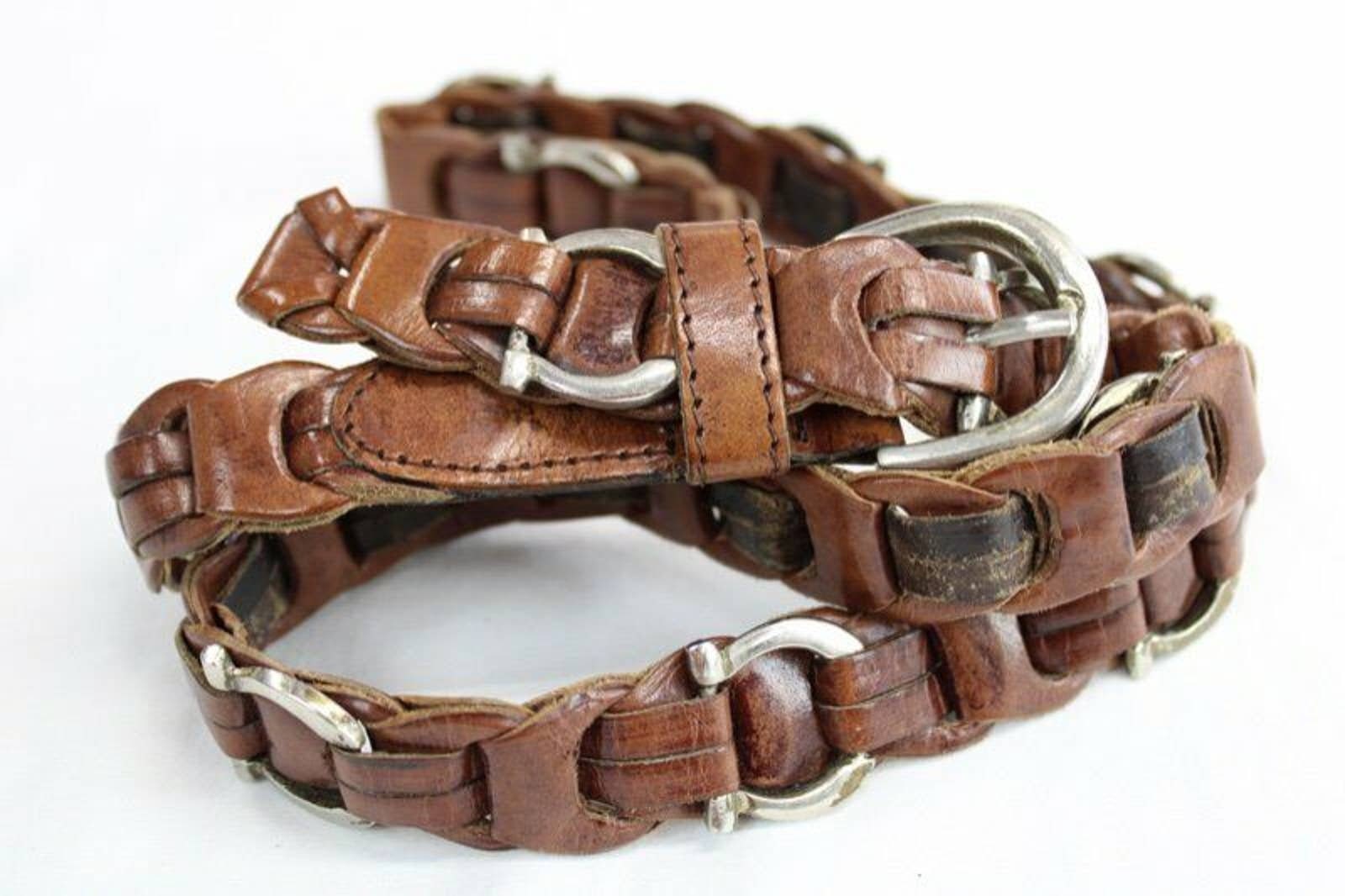 Vintage Amiee Lynn Leather Belt‎ M Brown Brass Square Buckle Medallion Country VTG Aimee Lynn Brown Woven Leather Belt With Solid Brass  main image 4