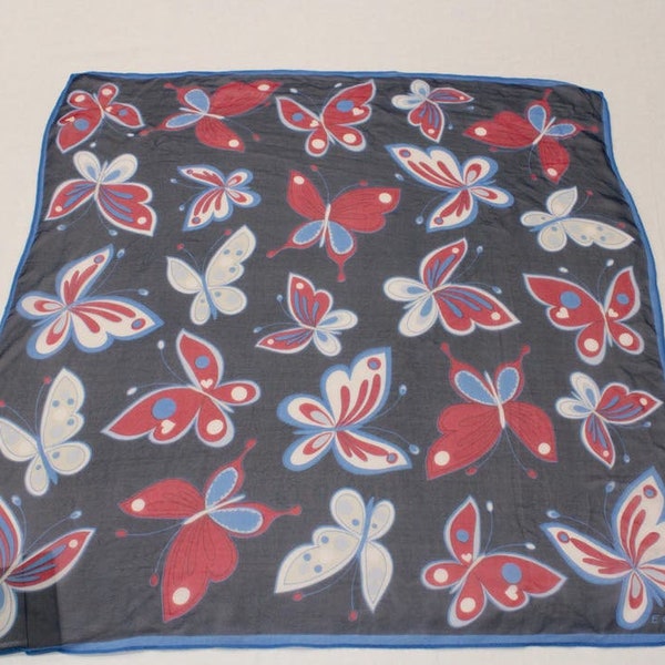 Vintage Echo Butterflies Silk Scarf Small Scarf Square Semi Sheer Black Red Blue