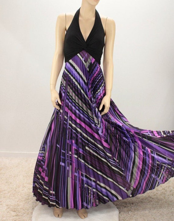 Betsy Adam Linda Bernell Maxi Halter Dress Pleated Satin