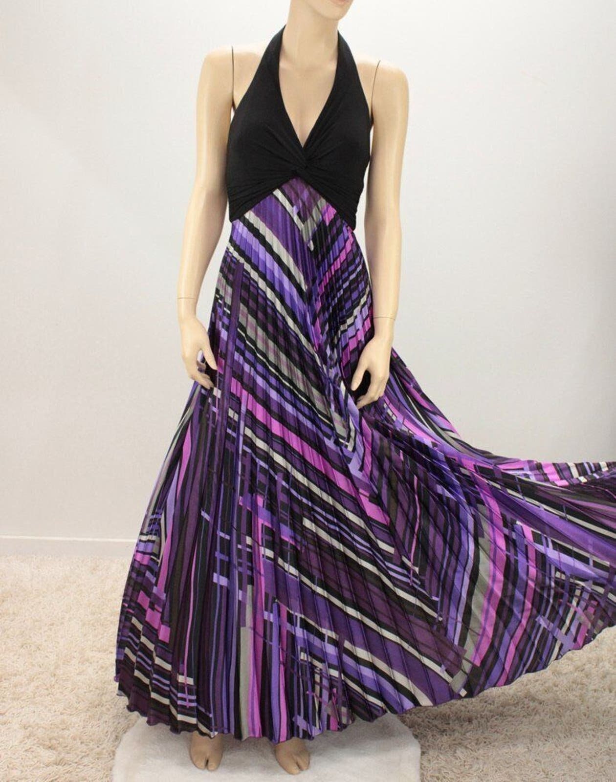 Betsy Adam Linda Bernell Maxi Halter Dress Pleated Satin