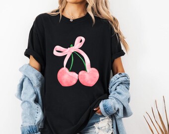 Coquette Cherry and Bow Shirt, Aesthetic Cherry Shirt, Cute Ribbon Shirt, Cherry Shirt, Cherry lover shirt, Cherry Coquette Tee, Cherry Bow