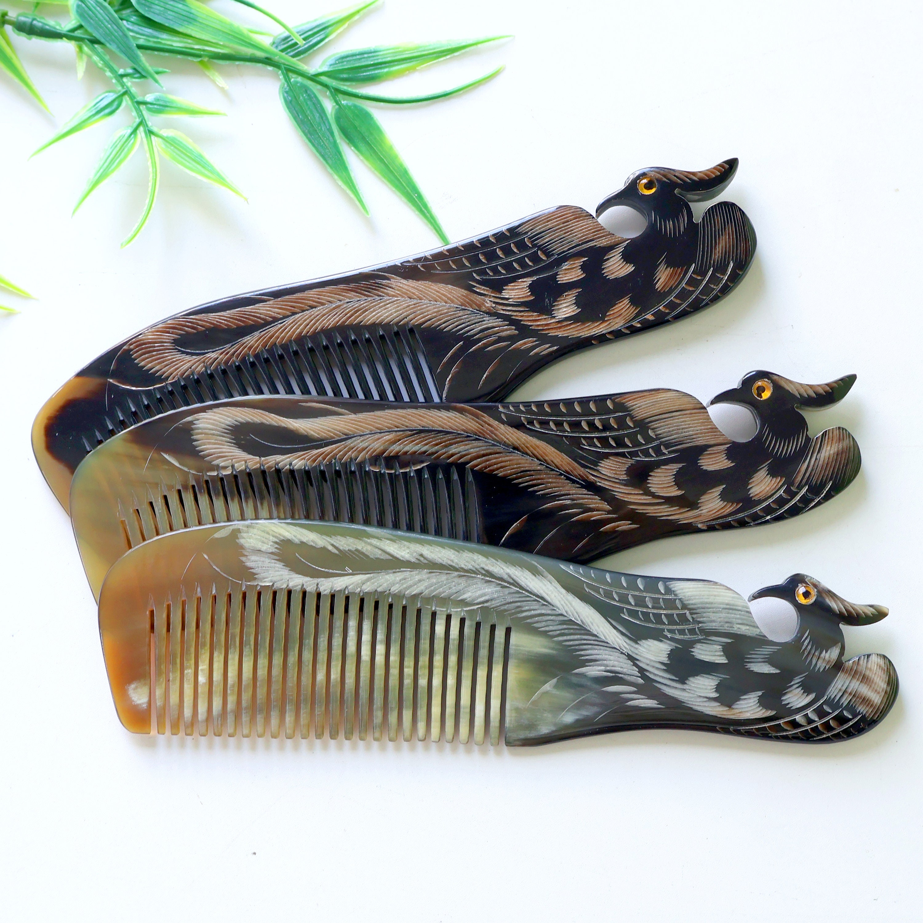 Middle Comb Personalized Handmade Natural Buffalo Phoenix Comb, Anti-static Fine ...