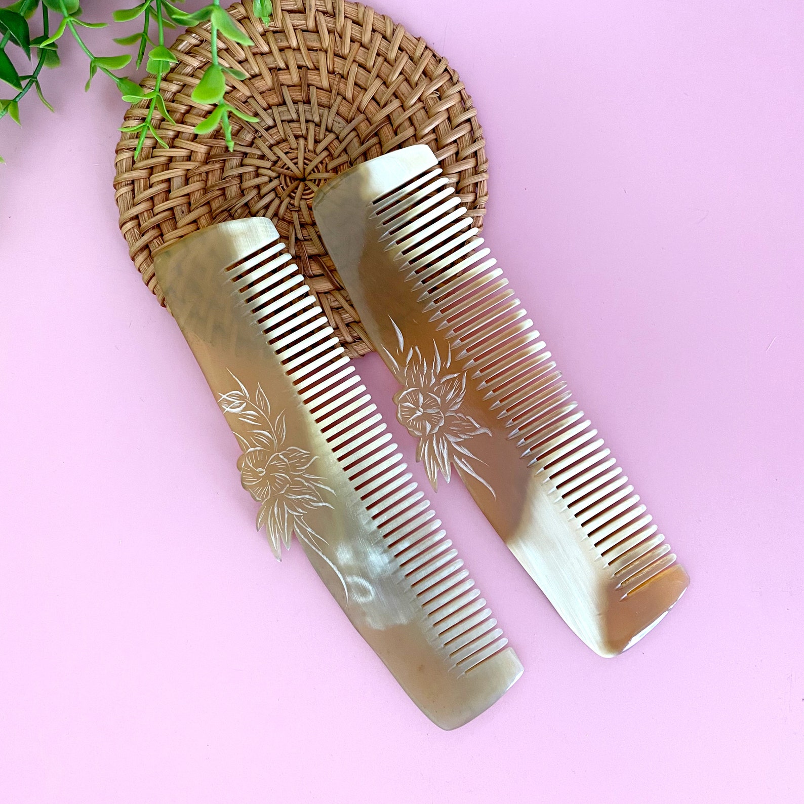 Middle Comb Handmade Natural Buffalo Horn Comb, Flower Carving Hair Comb for Anti ...