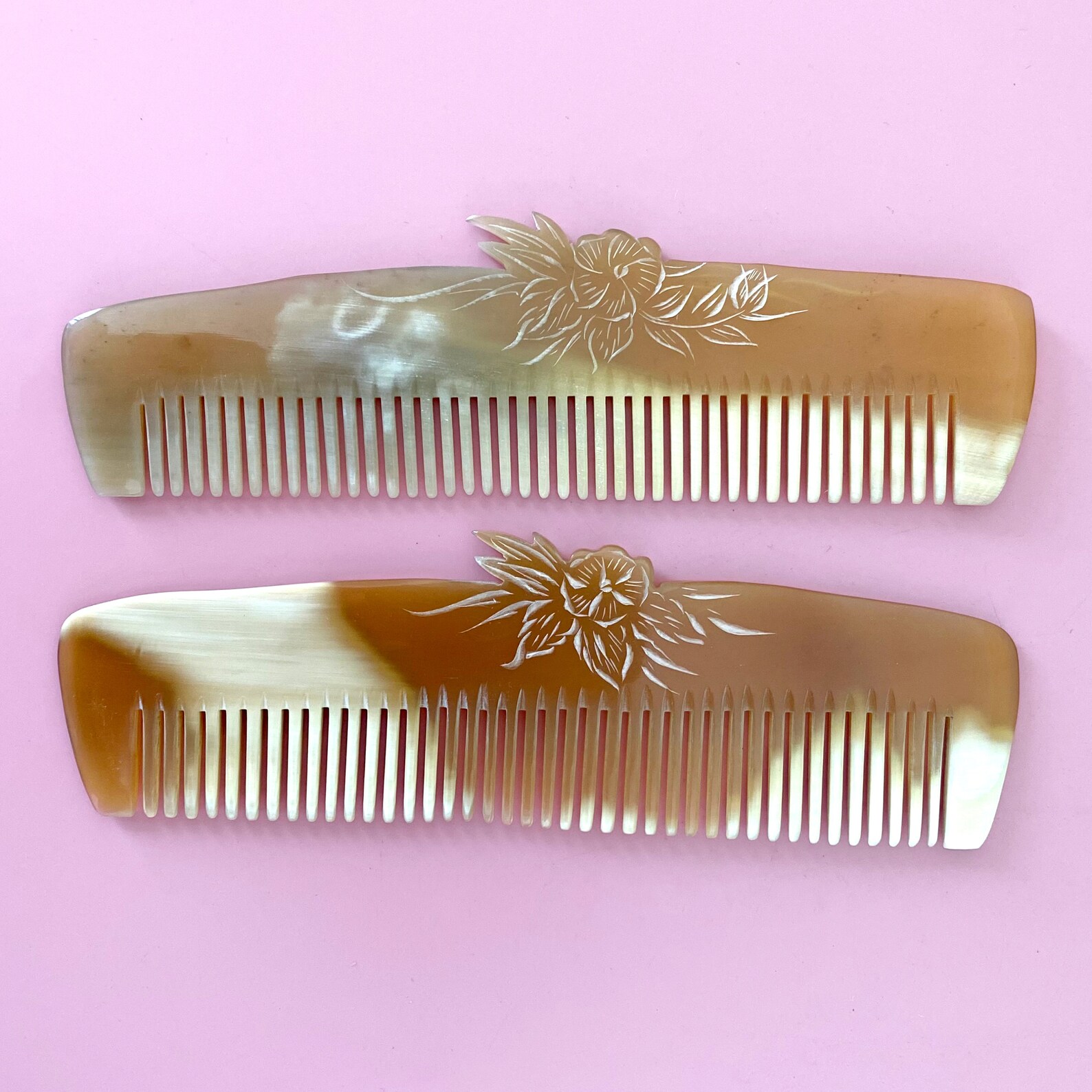 Middle Comb Handmade Natural Buffalo Horn Comb, Flower Carving Hair Comb for Anti ...