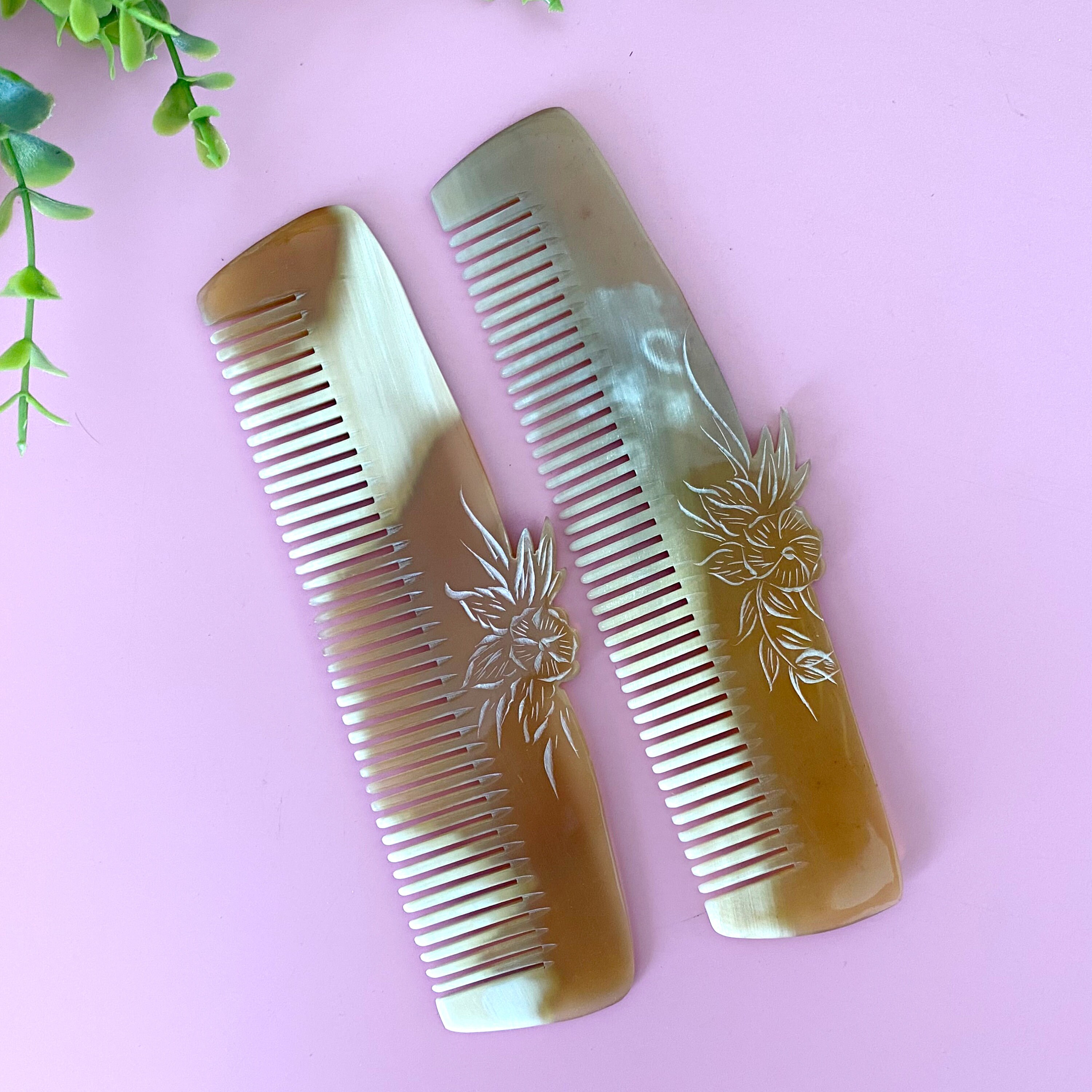Middle Comb Handmade Natural Buffalo Horn Comb, Flower Carving Hair Comb for Anti ...