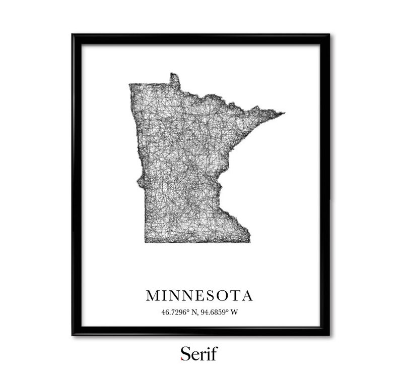 minnesota map longitude latitude city maps state prints etsy