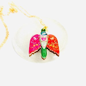 large colourful bird necklace illustrative pendant necklace summer spring necklace unusual necklaces pretty bird pendant necklaces