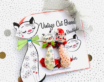 Broche chat vintage de Noël, cadeau d'épingle de chat atomique, cadeau pour les amoureux des chats, cadeau rockabilly pin up, petits cadeaux de Noël pour elle, broches de Noël