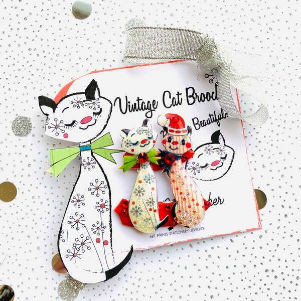 Christmas Vintage Cat Brooch,Atomic Cat Pin Present,Gift for Cat Lover,pin up rockabilly gift,small christmas presents for her,xmas brooches