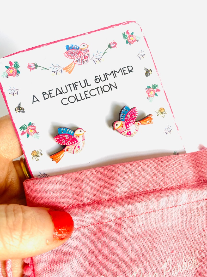 Beautiful bird studs,pretty bird studs,nature studs,small earrings,colourful studs,day studs,little gifts,small studs for girls,spring image 4