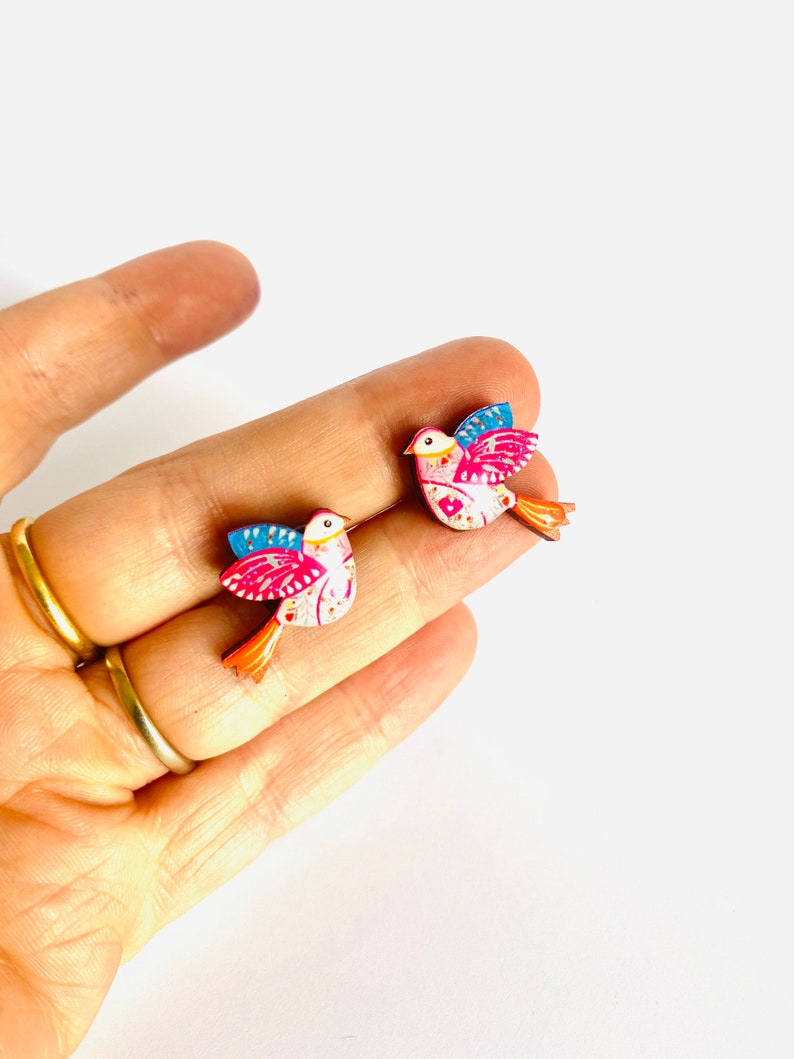 Beautiful bird studs,pretty bird studs,nature studs,small earrings,colourful studs,day studs,little gifts,small studs for girls,spring image 6