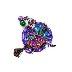 Meggie the Witch Brooch: Halloween Resin Pin with Bells