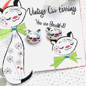 Vintage retro cat earrings,cat lover gift,atomic earrings,rockabilly studs,statement Jewellery,pinup earrings,1950&#39;s reproduction earrings,