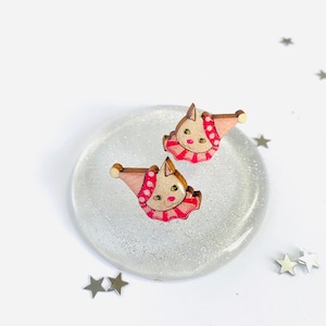 Magical cat clown earrings, cat studs, cat jewellery gifts, unusual studs, christmas studs, handmade earrings, rosie rose parker, quirky