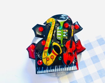 Atomic Retro Jazz Brooch, pinup rockabilly pin, music gift, music lover present, jazz gift, musician gift, stocking filler, trumpet gift