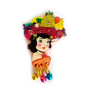 Miss Tutty Fruity Brooch: Retro Acrylic Pin with Dangle Bells
