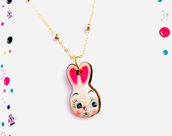 Kitsch Bunny Necklace: retro Easter bunny style novelty necklace  mid century jewellery bunny rabbit necklaces with gold chains cute gifts