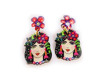 Boucles d'oreilles d'été visage inhabituel, boucle d'oreille abstraite, bijoux étranges, boucles d'oreilles florales, boucle d'oreille festival hippie bohème, boucle d'oreille originale pour elle, abstraite