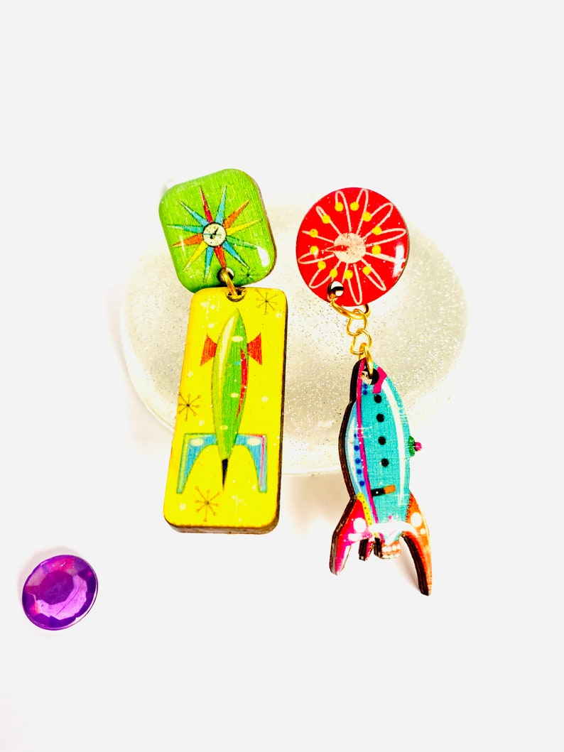 atomic miss match rocket statement earrings dangle unusual earring rockabilly summer earrings cute abstract 50s earring quirky funky earring image 2