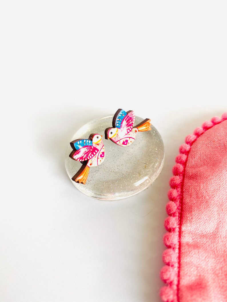 Beautiful bird studs,pretty bird studs,nature studs,small earrings,colourful studs,day studs,little gifts,small studs for girls,spring image 2